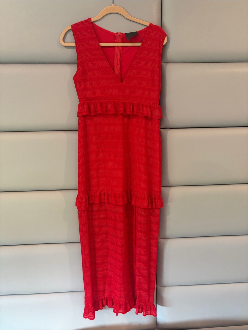 NIGHTWALKER Red Sleeveless Maxi Dress with Ruffle Tiers